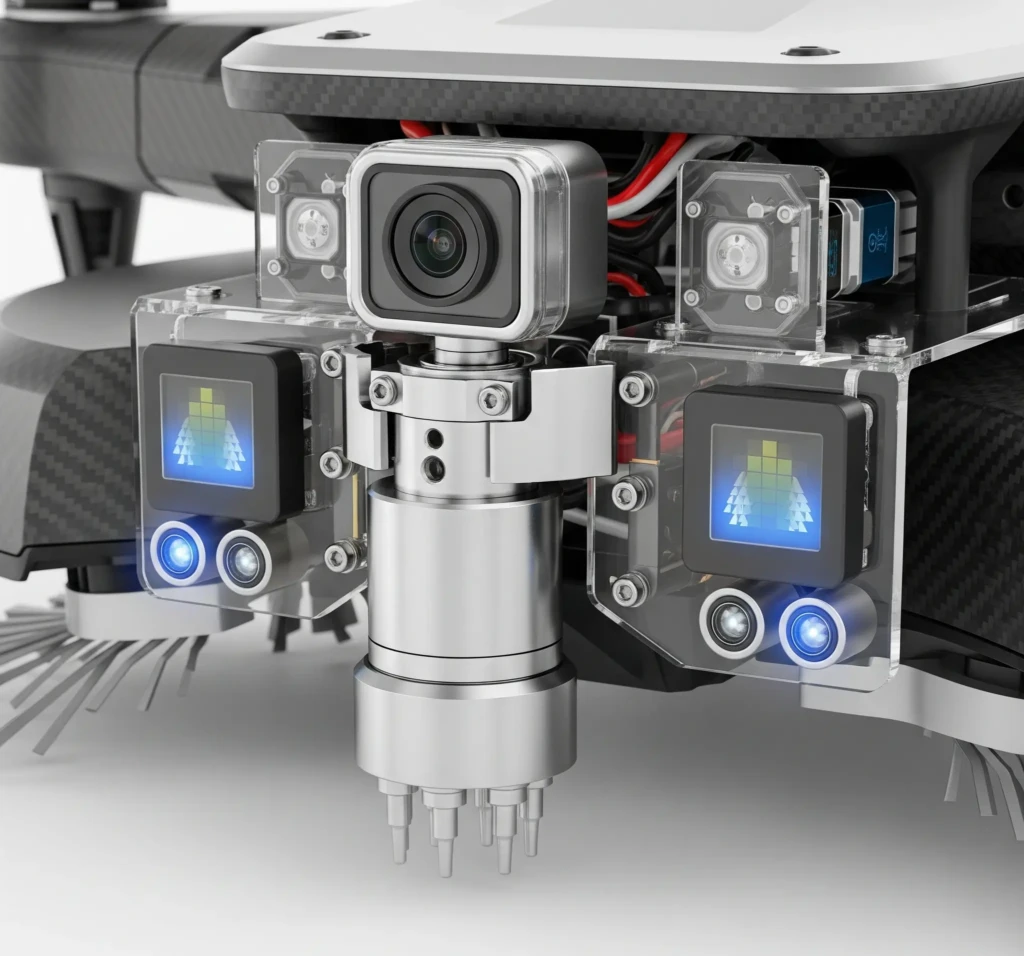Gros plan détaillé des composants d'un drone, incluant caméra, capteurs et buse de pulvérisation.
