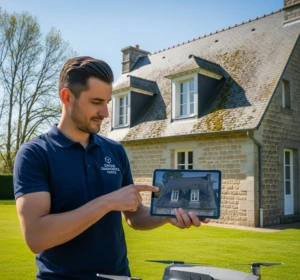 Un opérateur de drone montre sur sa tablette l'image aérienne d'un toit à démousser devant une maison en pierre.