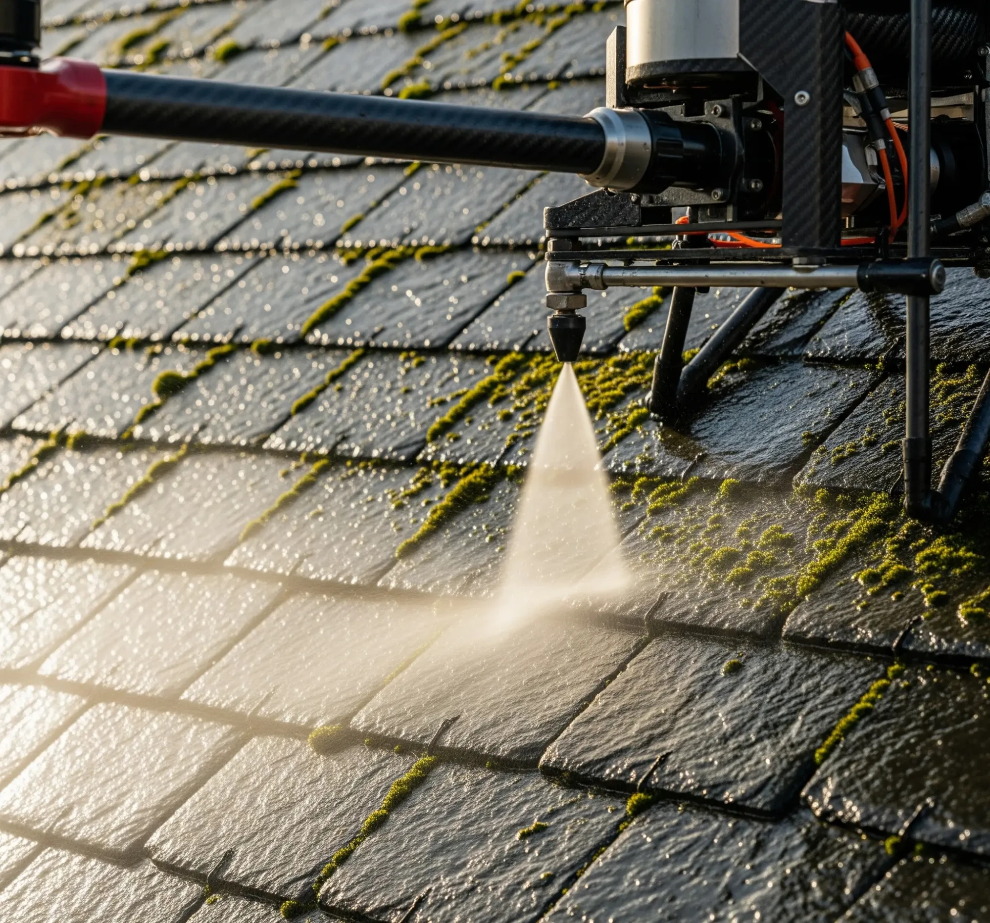 Gros plan sur la buse lors d'un nettoyage toiture drone Maine-et-Loire
