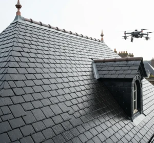 Gros plan sur un toit en ardoise propre et humide après le passage du drone.