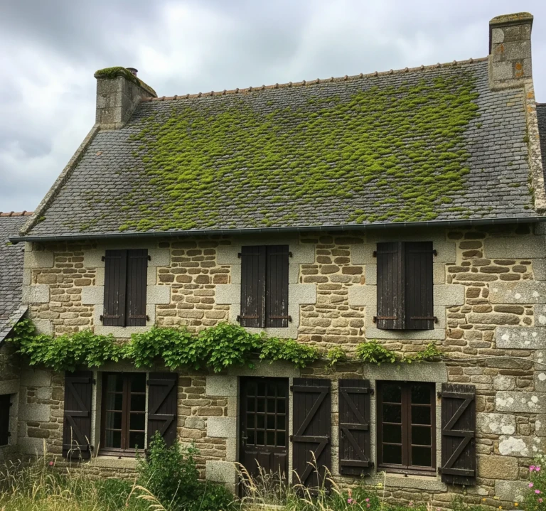 Une maison traditionnelle avec une toiture en ardoise très sale et recouverte de mousse.