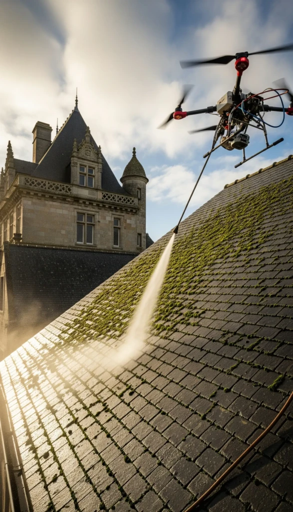 Image dynamique d'un drone nettoyant un toit en ardoise moussue avec un jet d'eau à haute pression, révélant une section propre. Un bâtiment historique en pierre est visible en arrière-plan à Vannes, Morbihan.