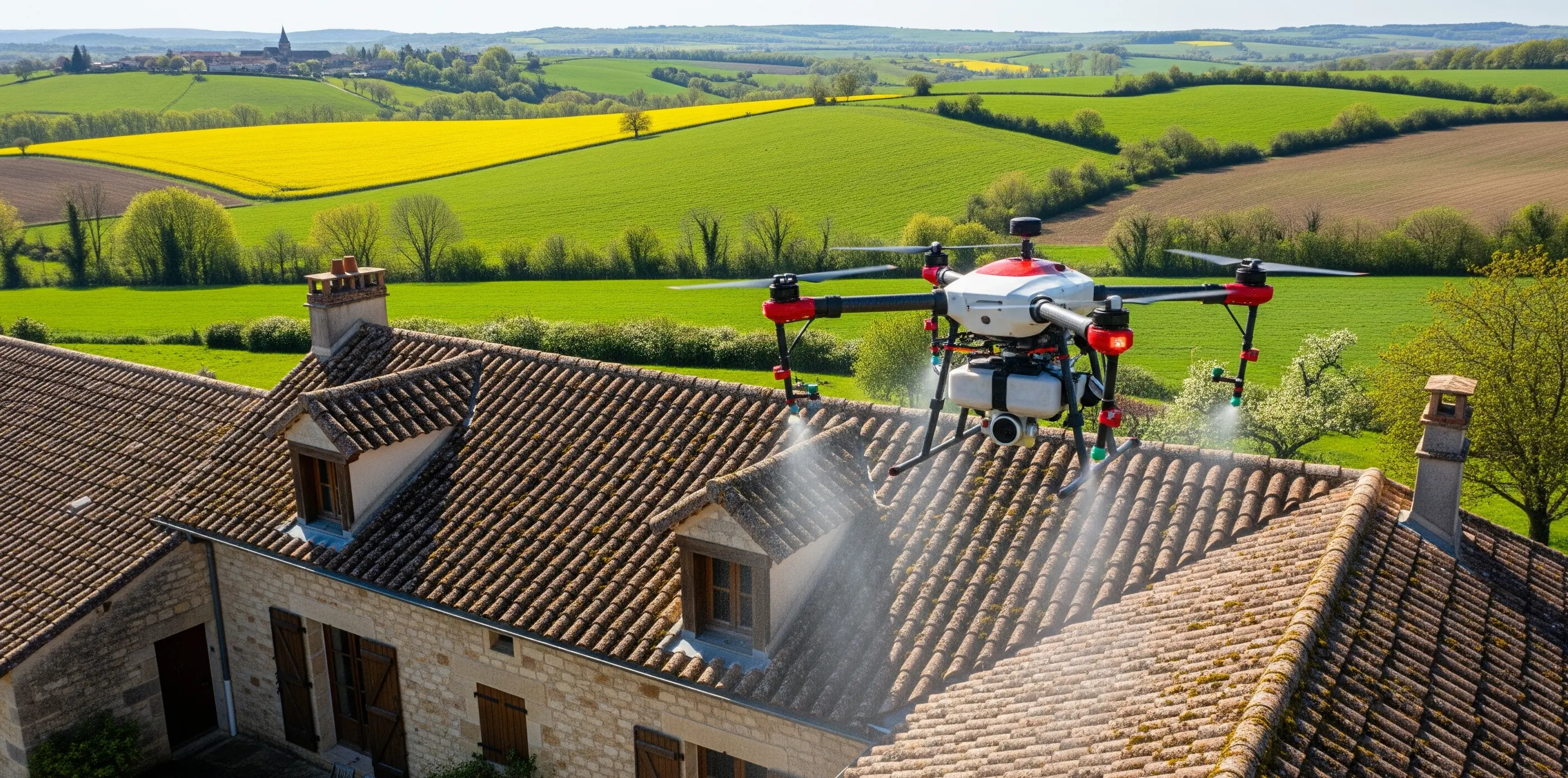 Démoussage toiture drone curatif ardoise tuile fibrociment Maine-et-Loire