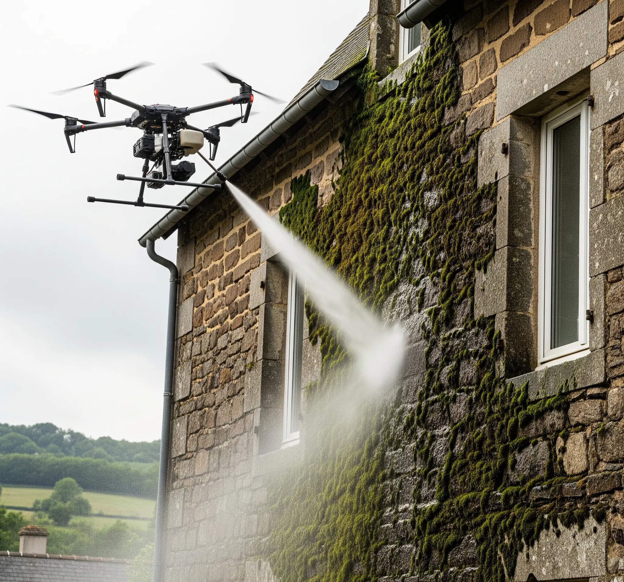 Nettoyage façade drone démoussage hauteur sans nacelle Maine-et-Loire