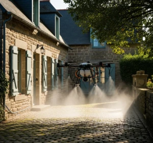 Un drone pulvérise une solution de nettoyage sur la terrasse en pierre d'une maison traditionnelle dans l'ouest de la France.