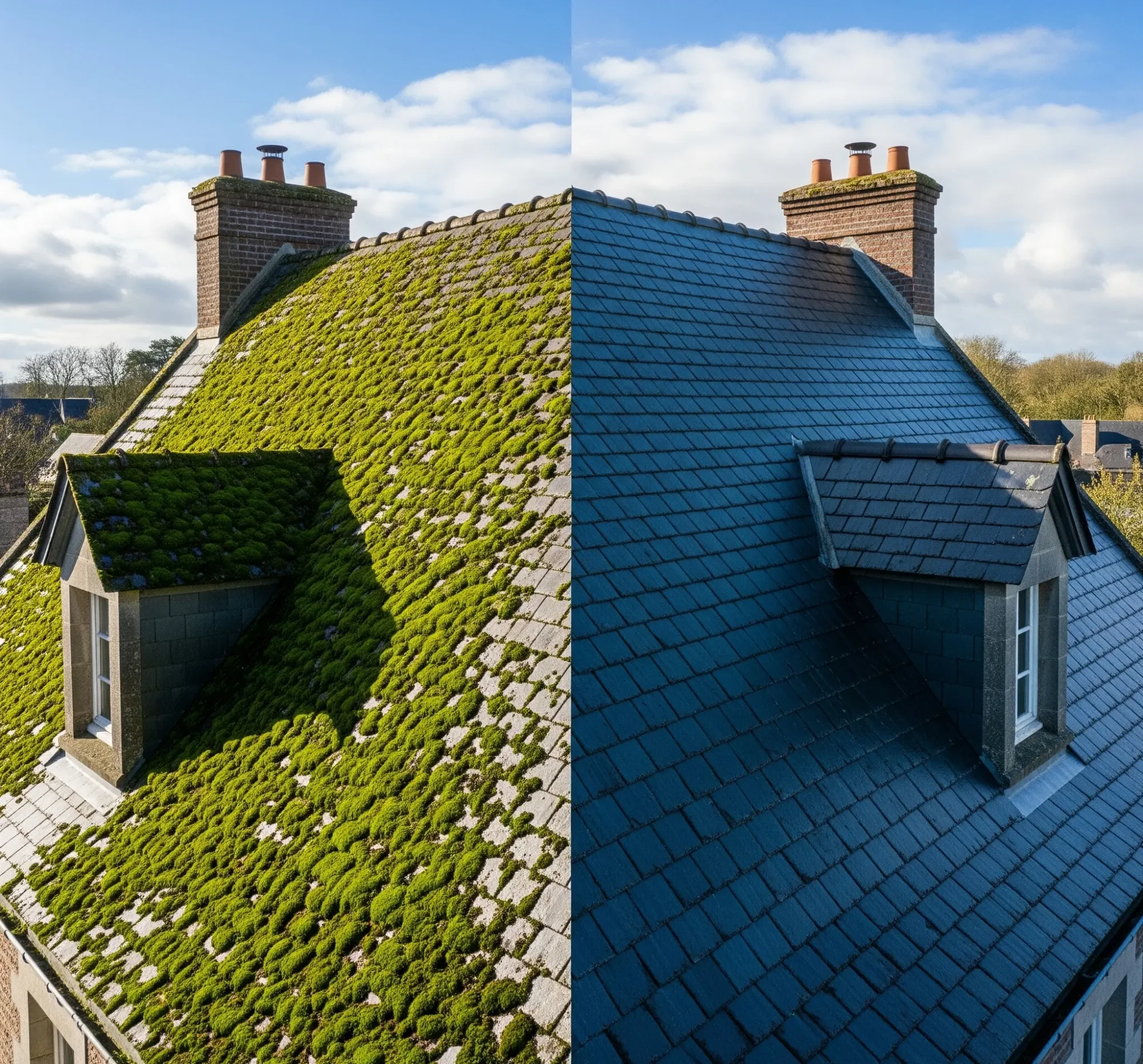 Résultat avant après d'un nettoyage toiture drone Maine-et-Loire