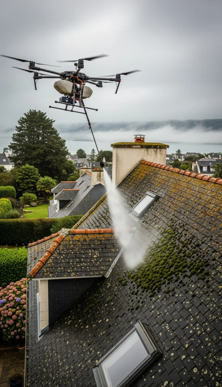 Un drone avec un puissant jet d'eau nettoie une toiture couverte de mousse et de lichens à Lorient, en France.