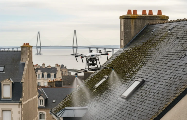 Un drone de nettoyage de toiture en action à Saint-Nazaire, avec le célèbre pont de Saint-Nazaire en arrière-plan.