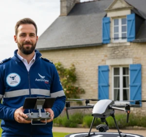 Un pilote de drone professionnel en uniforme, avec un badge de certification, se tient à côté de son drone devant une maison traditionnelle française.