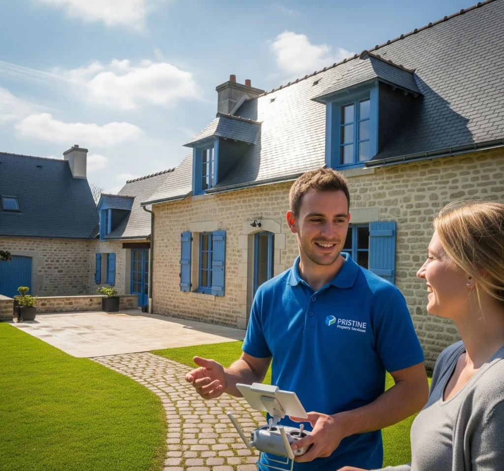 Un opérateur de drone et une cliente satisfaite regardent un toit propre devant une maison traditionnelle.