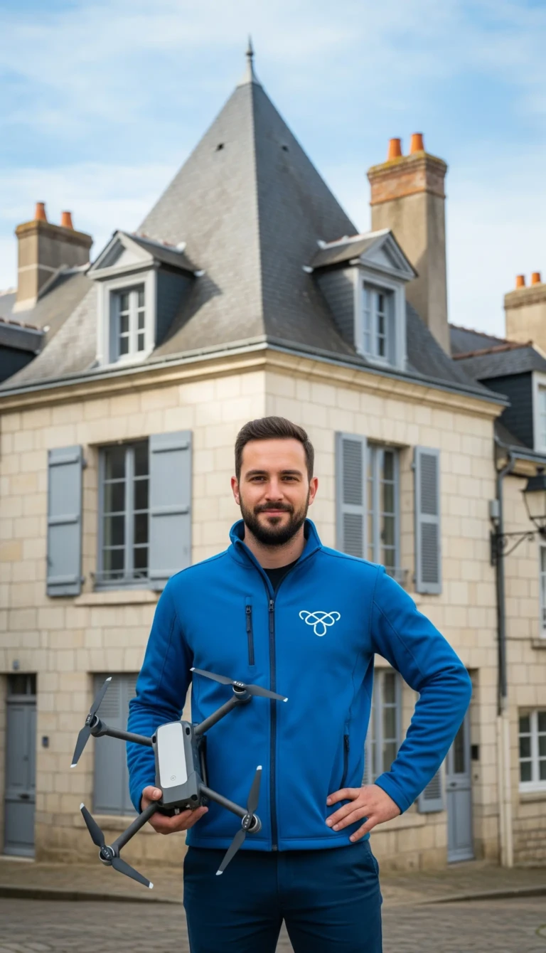 Un opérateur de drone et une cliente souriante discutent devant un toit en ardoise propre, avec un drone au sol.