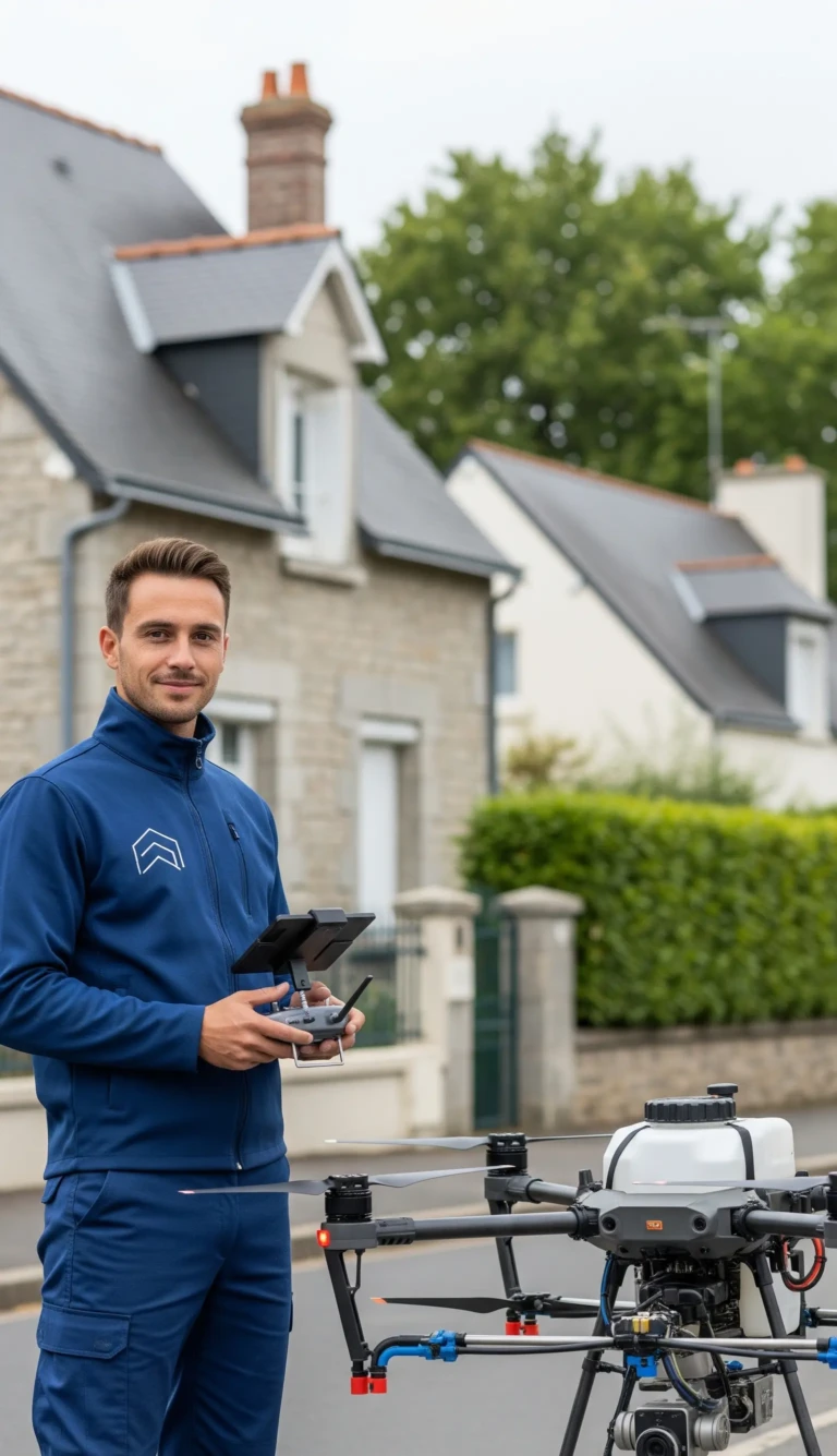 Un opérateur de drone professionnel en uniforme, tenant une télécommande et se tenant à côté d'un drone de nettoyage de toiture à Angers.