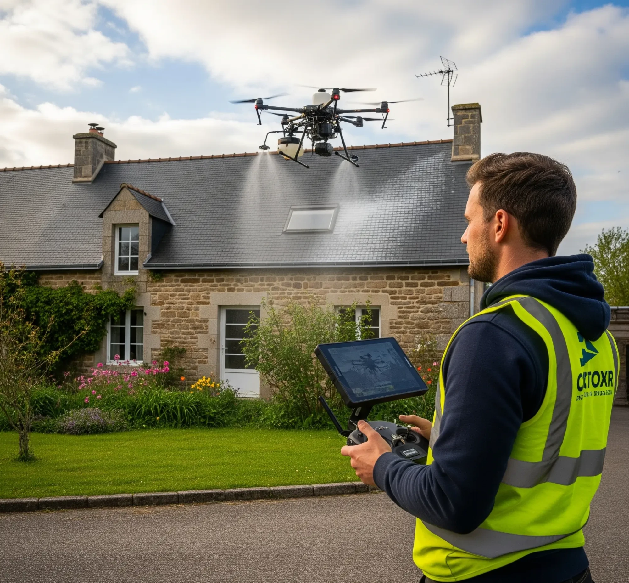 Opérateur qualifié réalisant un nettoyage toiture drone Maine-et-Loire