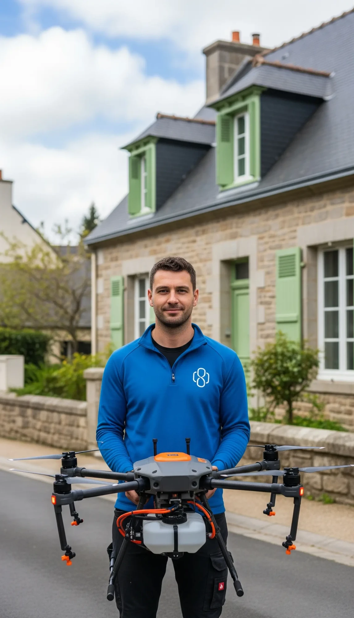 Un opérateur de drone professionnel en uniforme, tenant un drone devant des maisons traditionnelles à Rennes.