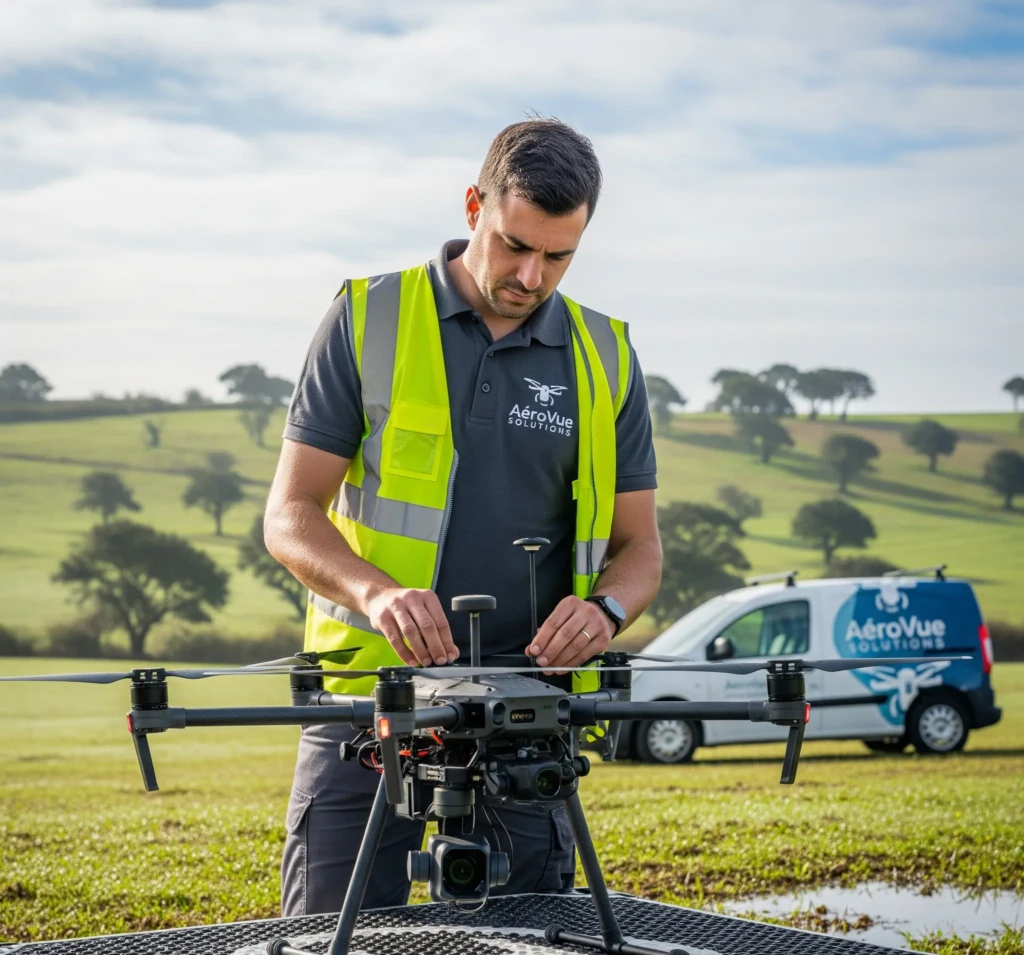 Un pilote de drone professionnel prépare son drone sur le terrain pour une mission de nettoyage.