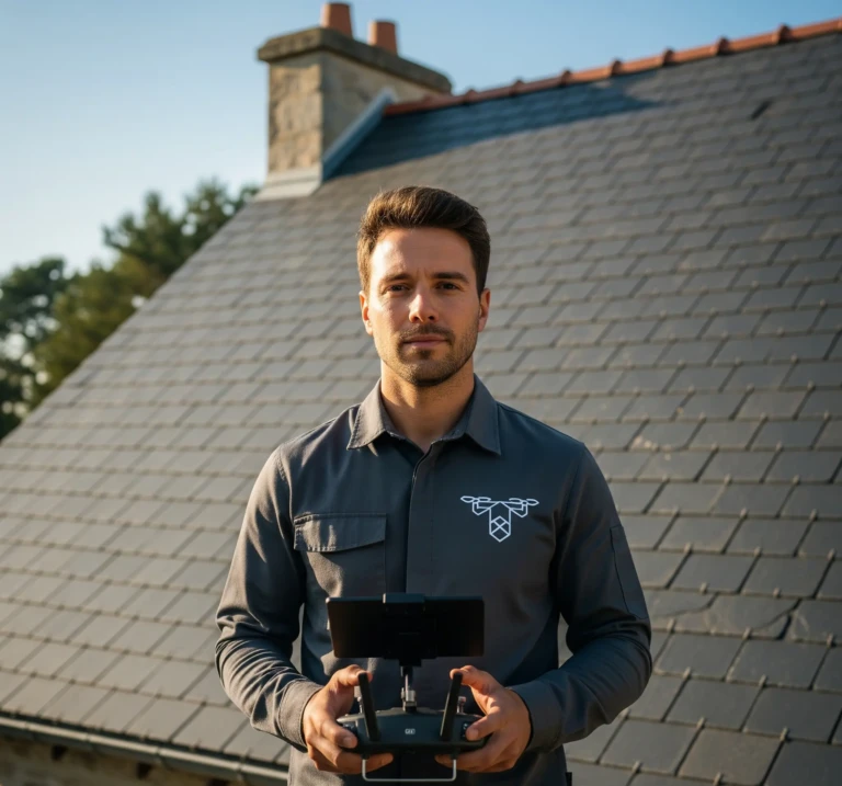 Un opérateur de drone professionnel en uniforme tenant une télécommande devant un toit en ardoise propre.