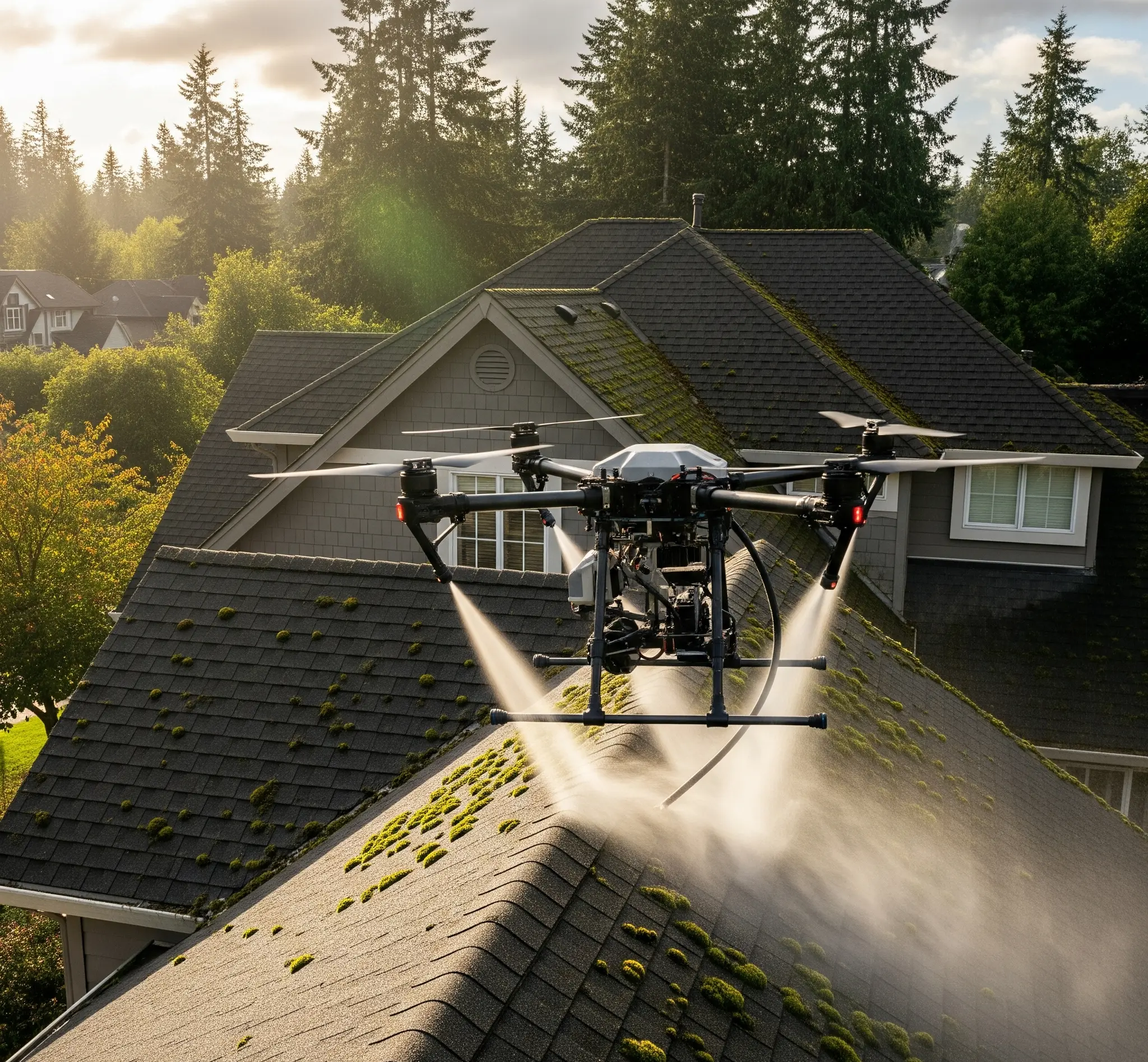 Pulvérisation drone contrôlée 8 bars méthode nettoyage toiture Maine-et-Loire