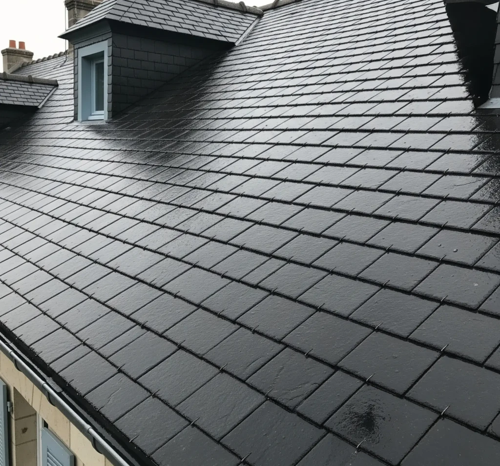 Gros plan sur un toit en ardoise parfaitement propre et humide après le nettoyage par drone.