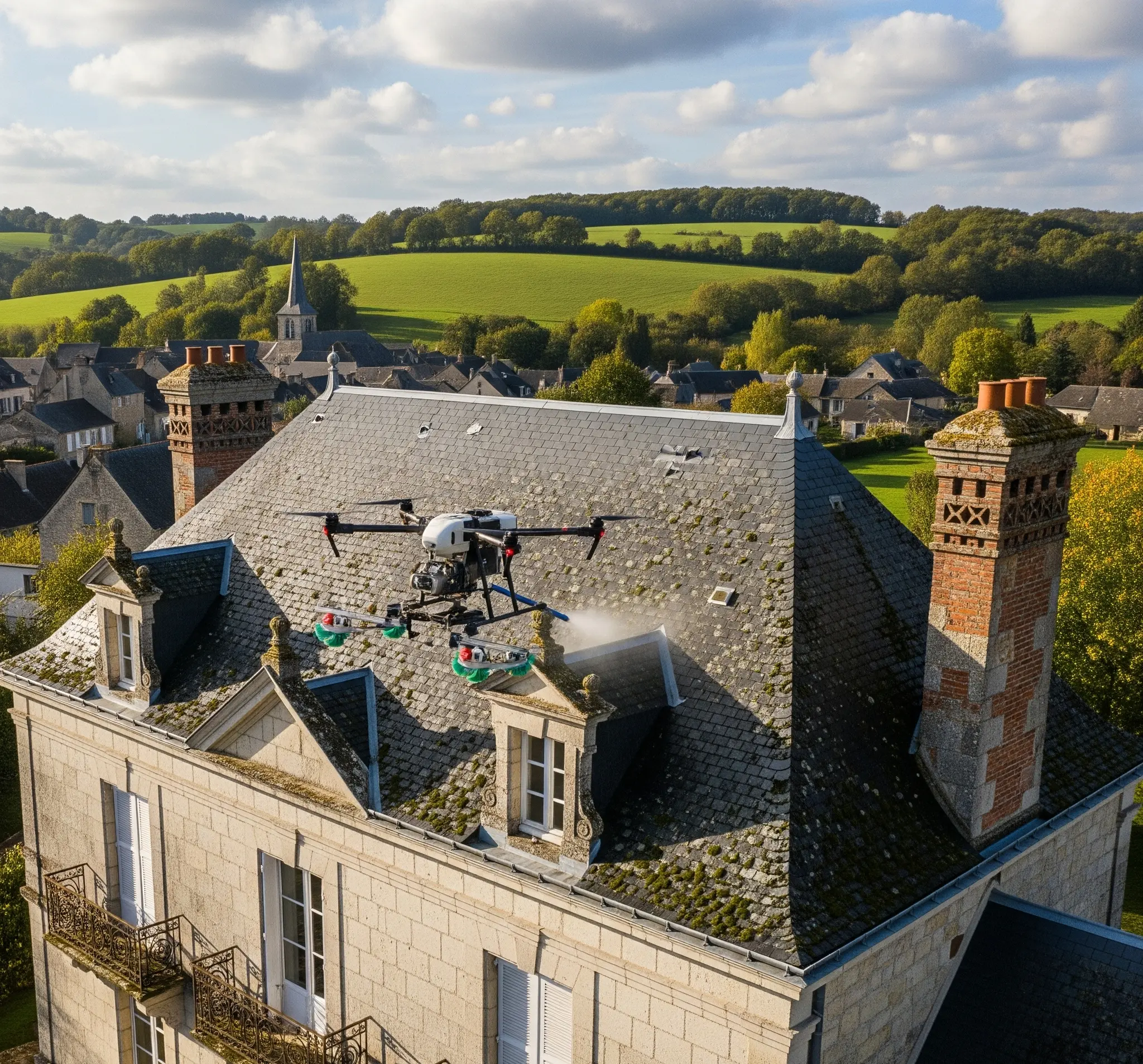 Traitement hydrofuge toiture drone effet perlant longue durée Maine-et-Loire