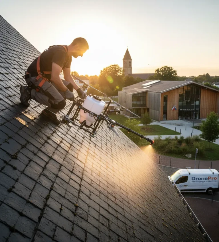 Opérateur de drone au sol dirigeant un drone pulvérisateur pour nettoyer un toit de maison individuelle à Avrillé, avec un grand parc boisé en arrière-plan.