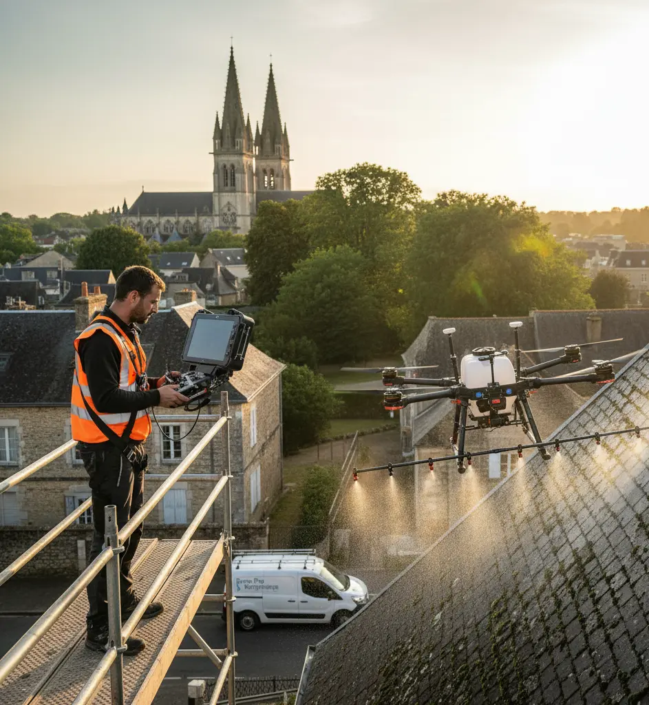 Professionnel en gilet de sécurité orange sur un échafaudage, contrôlant un drone pulvérisateur sur un toit ancien, avec l'église Saint-Martin de Beaupréau en arrière-plan.