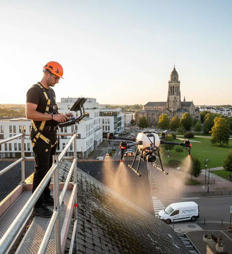 Technicien avec un casque de sécurité orange dirigeant un drone pulvérisateur pour nettoyer un toit, avec la Basilique du Sacré-Cœur de Cholet en arrière-plan.