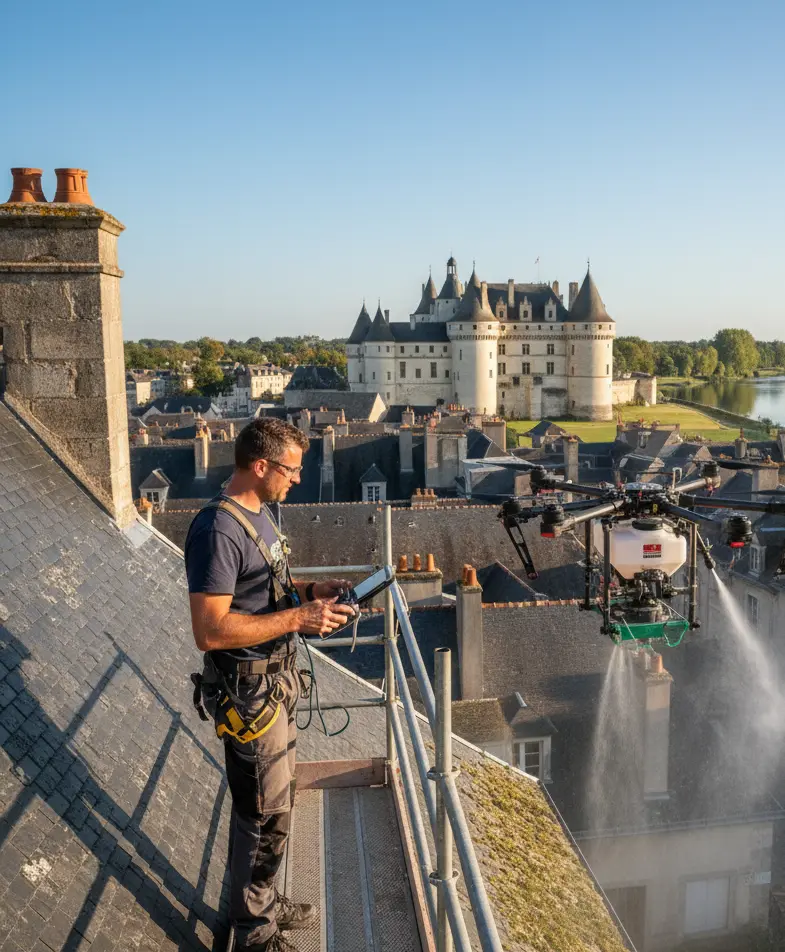 Nettoyage toiture drone Saumur château Val de Loire tuffeau ardoise UNESCO