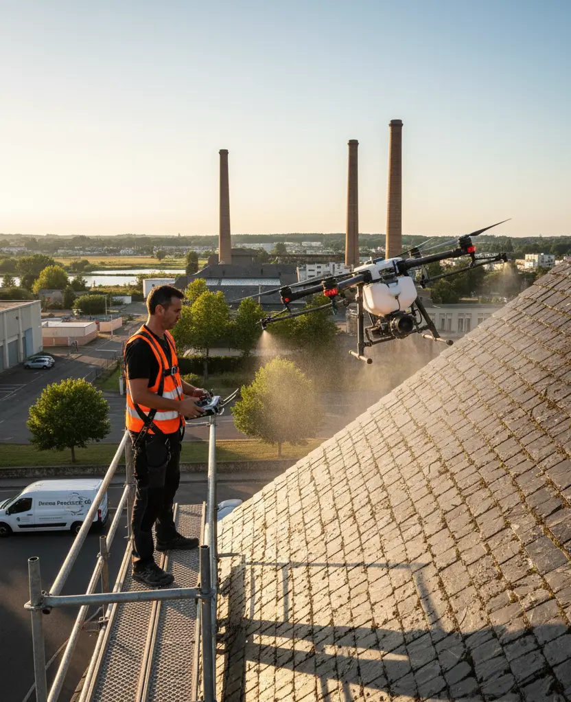 Professionnel en gilet orange pilotant un drone pulvérisateur sur un toit en ardoise à Trélazé, avec les cheminées emblématiques des anciennes ardoisières en arrière-plan.