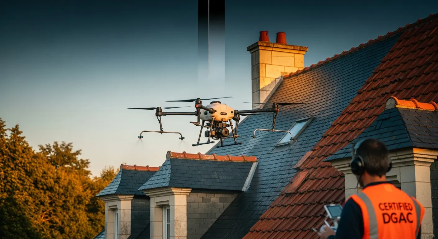 Entreprise nettoyage toiture drone certifiée DGAC Maine-et-Loire 49, intervention professionnelle sur toiture