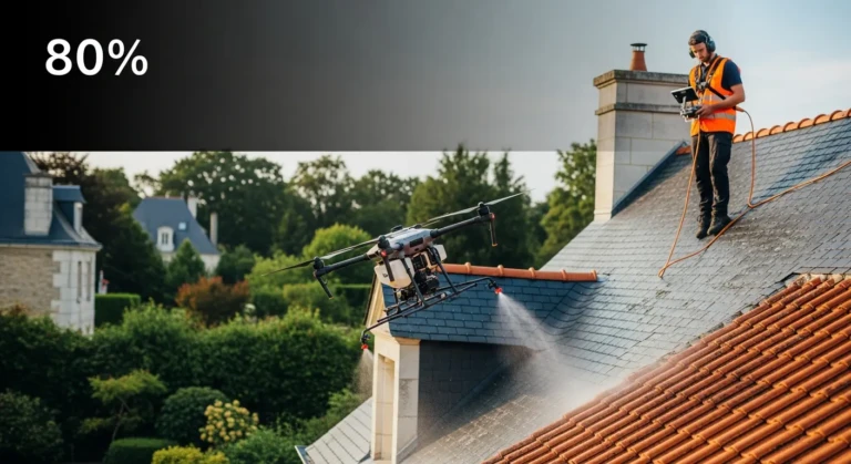 Drone professionnel réalisant nettoyage toiture Maine-et-Loire 49 pour intervention rapide urgence 48h.