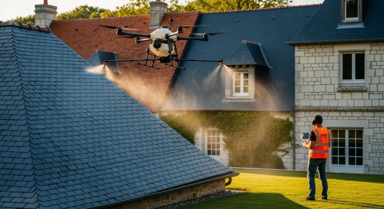 Drone professionnel certifié DGAC pour l'entretien et le nettoyage de toiture ardoise dans le Maine-et-Loire 49