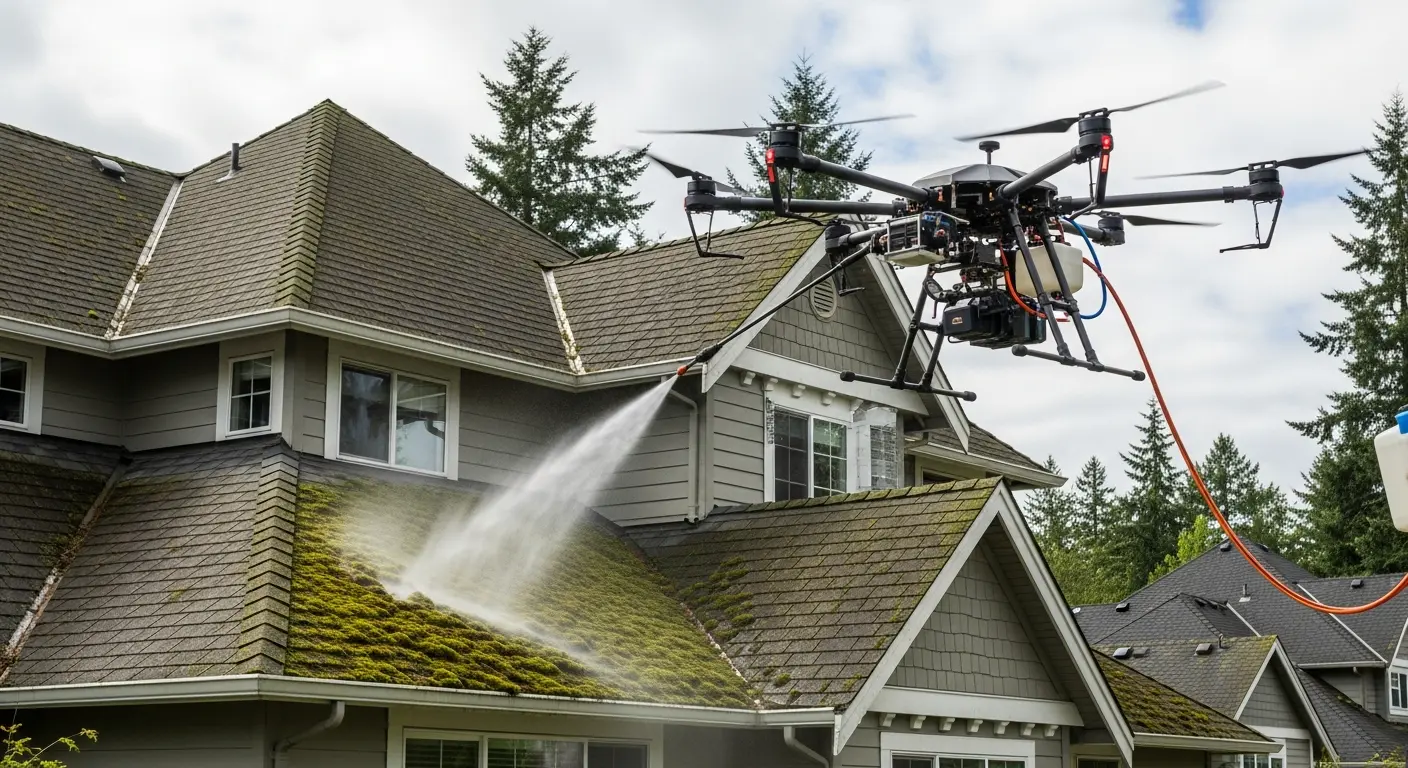 Drone professionnel en action pour un nettoyage de toiture rapide dans le Maine-et-Loire 49