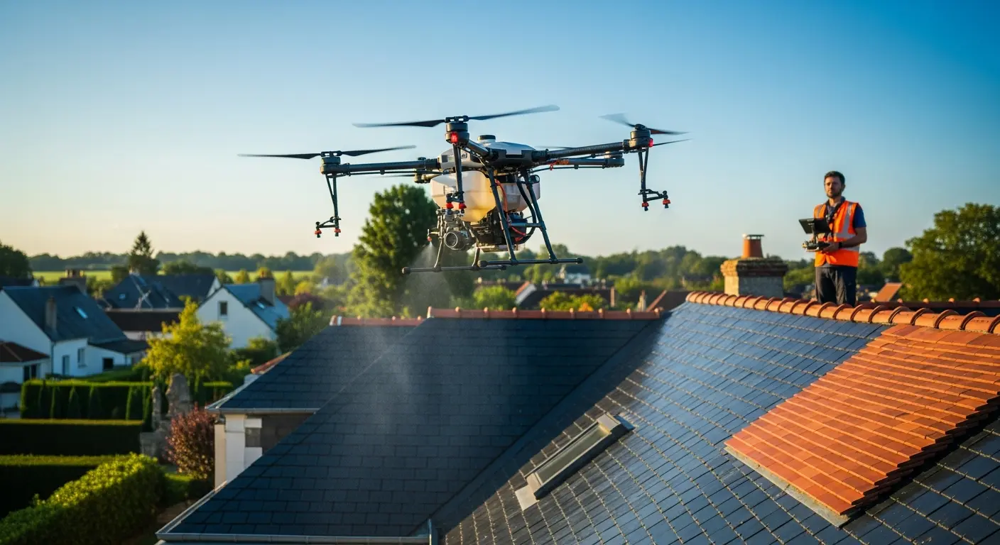 Drone professionnel nettoyant toiture à Cholet 49300, Bocage Choletais Mauges, par pulvérisation