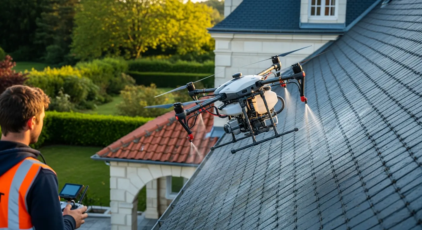 Tarif Nettoyage Toiture Drone 2026 Maine-et-Loire: drone professionnel DGAC en action sur toiture 49.