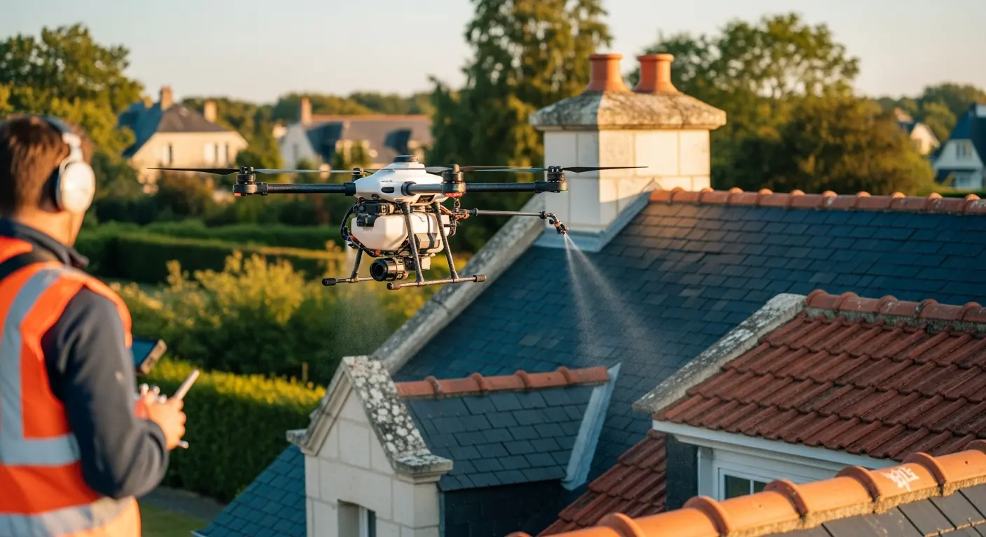 Démoussage toiture par drone professionnel pulvérisant solution sans contact en Maine-et-Loire 49