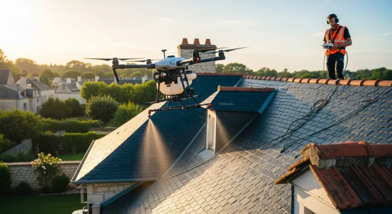 Drone professionnel nettoyant toiture en tuffeau à Saumur 49, spécialisé Val de Loire Patrimoine