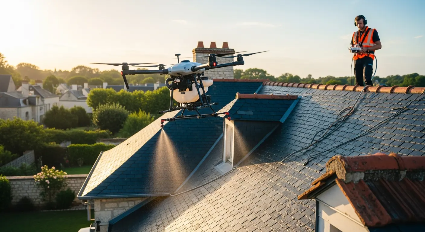 Drone professionnel nettoyant toiture en tuffeau à Saumur 49, spécialisé Val de Loire Patrimoine